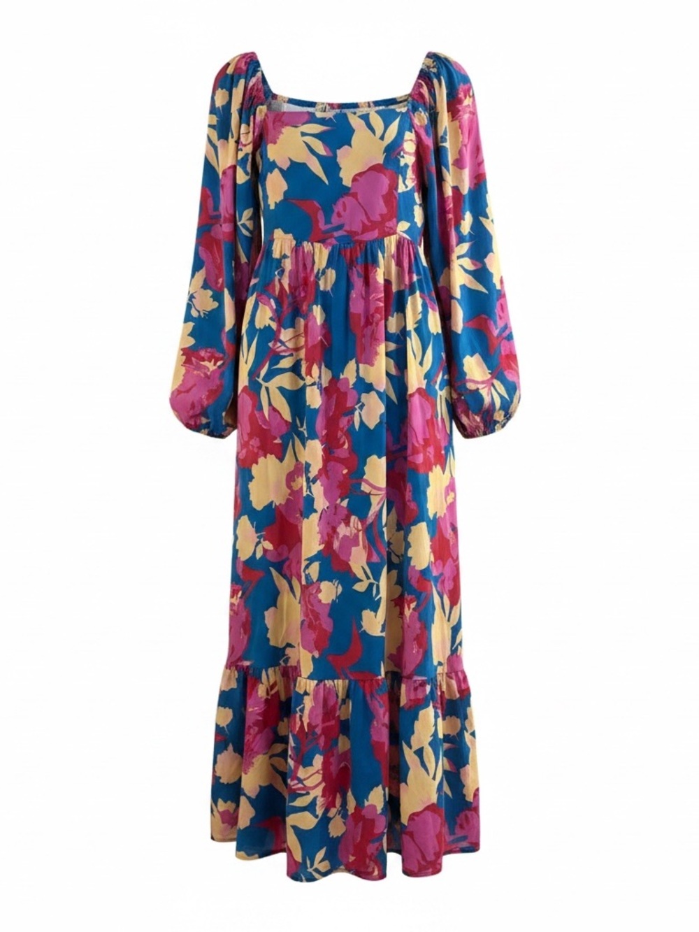 Floral Puff-Sleeve Maxi Dress in Teal, Pink & Yellow